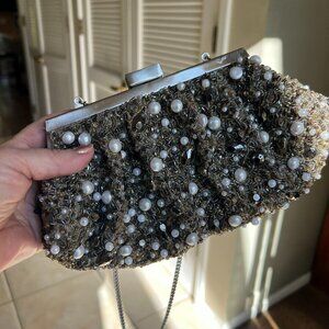 Chico's silver, taupe & white pearl evening bag